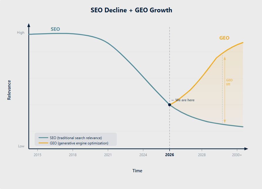 Chart showing SEO relevance declining and GEO (generative engine optimization) relevance growing over time, from 2015 to 2030+
